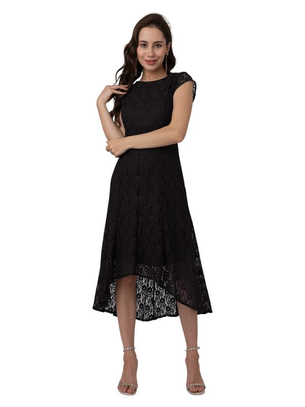 Zink London Women's Black Lace Round Neck Midi Dress