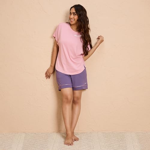 NYKD (NYS940 Soft Modal Cotton Coords Night Suit for Women | Relaxed Fit Round Neck T-Shirt with Extended Shoulder Sleeves & Shorts | Perfect for Sleep, Lounge & Everyday Wear - Pink