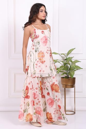 W for Woman White Floral Printed Crepe A-Line Kurta with Culotte and Dupatta Set - (WS13913-127594-XL)
