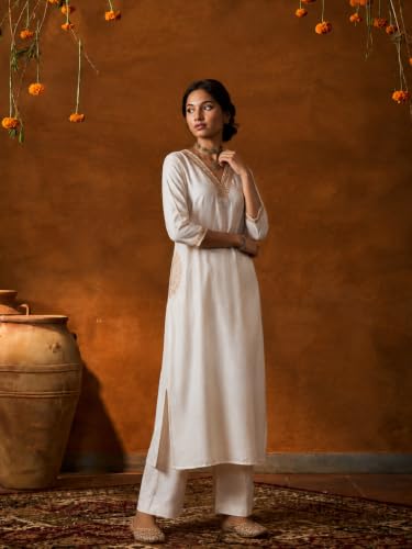 Varanga Women Champagne Beige A Line Kurta Trousers Set V Neck