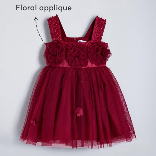 Hopscotch Girls Red Sleeveless Floral Applique Beaded Dress for Age (5-6 Years)