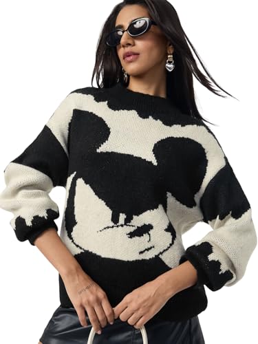 The Souled Store Mickey Mouse: Monochrome Women and Girls Full Sleeves Round Neck Black and White Printed Acrylic Polyester Oversized Fit Casual Pullover Sweater