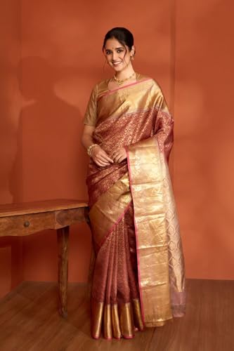 Taneira Women Brown Woven Kanjeevaram Inspired Design Silk Viscose Saree with Unstitched Blouse Piece (SABHMBAB8719-Brown)