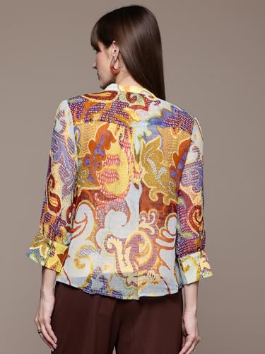 Label RITU KUMAR Ecru Multi Francis Mandarin Collar Neck Shirt with Camisole