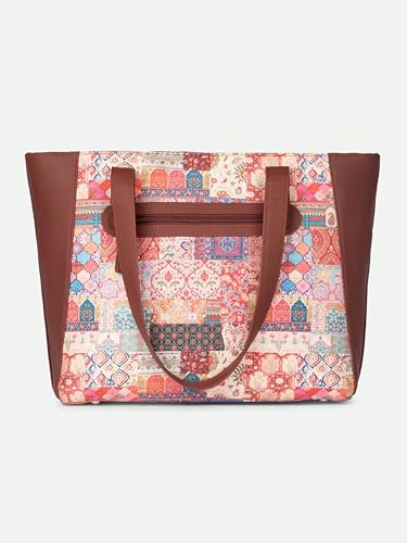 ZOUK Kutch Gamthi Abstract Printed Women Jute Vegan Leather Multicolor Side Tote Bag For Ladies With Double Handle