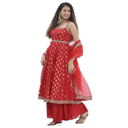 BIBA Women Red Yarn-Dyed Strappy Anarkali Suit Set_32