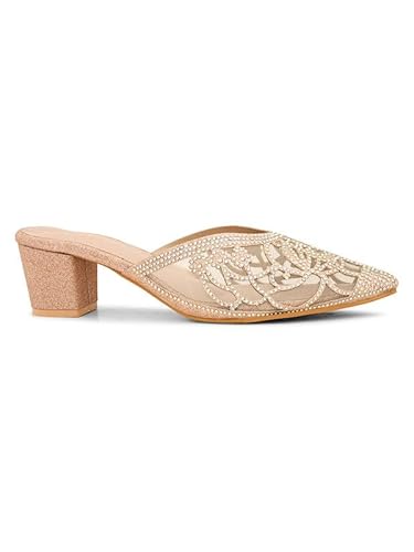 XE Looks Women's Gold Embellished Mesh Mules | Pointed Toe Block Heels with Rhinestone Detailing | Embellishments with Transparent Heel For Girls & Women