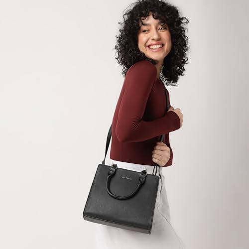 Fastrack Casual Satchel Bag with Top Zipper for Girls, Medium Size with Detachable Sling and Handheld Handles, Made with Premium Faux Leather, Black