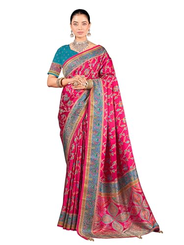 Glory Sarees Women’s Luxurious Dola Satin Pure Silk Original Saree Position Print Work Madhubani Inspired Motifs Banarasi Kanjivaram Style Saree With Blouse Piece (Elegant105_Pink)