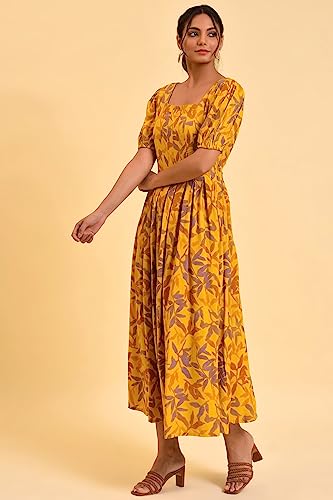 W for Woman Women's Rayon Yellow Pleated Long Summer Maxi Dress Ankle Length 23FEW18822-810315
