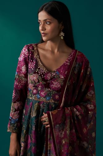 Wishful Women's Green Floral Printed Sequined Yoke Festive Anarkali Dress with Churidar and Dupatta Set (SP12848-126754-XL)