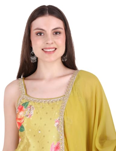 Women’s Yellow Chanderi Cotton Straight Kurta Set with Pant & Dupatta – Beautiful Embroidery, Elegant Design for Festive & Traditional Occasions (in, Alpha, M, Regular)
