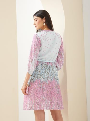 Latin Quarters Women Pink Mandarin Collar 3/4 Sleeves Fit & Flare Printed Casual Dress_M