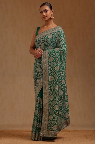Soch Womens Teal Green Georgette Embroidered Saree With Stone Work