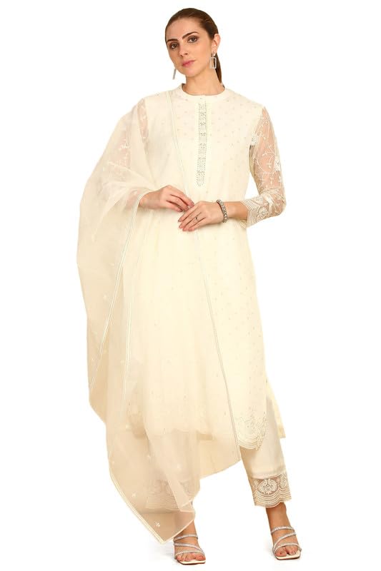 Soch Womens White Sequinned Embellished Brocade Suit Set