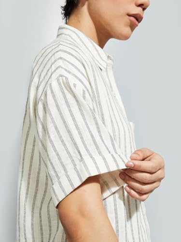 Max URB_N Women Embroidered Striped Oversized Shirt (Ivory_L)