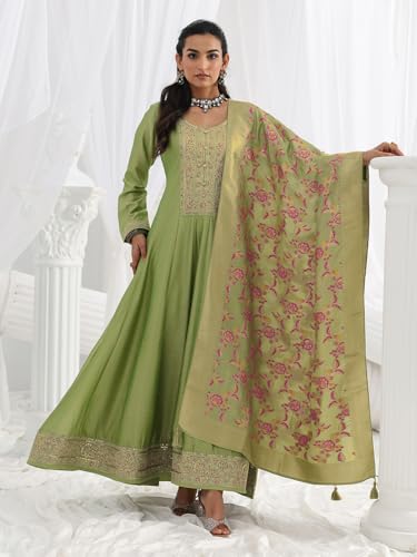Libas Embroidered Silk Blend A-Line Ethnic Dress with Dupatta-93632L Green