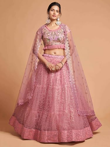 Zeel Clothing Women's Net Embroidered Semi-Stitched Bridal New Lehenga Choli with Dupatta (7313-Pink-Wedding-Girlish-Lehenga-Choli; Free Size)