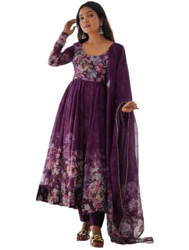 Leeli Peeri Designer Women's Organza Silk Floral Print Anarkali Kurta Set With Dupatta