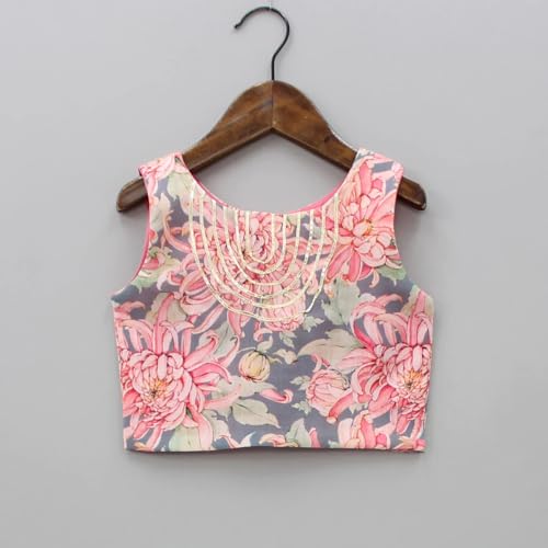 Leons Fab Girls Grey & Pink Floral Print Lehenga Choli Set | Kids Traditional Ethnic Wear | Sleeveless Ghagra Choli with Net Dupatta for Festival & Party (Multicolor, 3-4 Years)