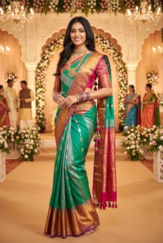 VFCollections Women's Traditional Handloom Kanchipuram Silk Saree with Rich Royal Golden Zari and Traditional Border – | Rich Zari Woven Design | Bridal Saree | Unstitched Blouse (VFC682-8)