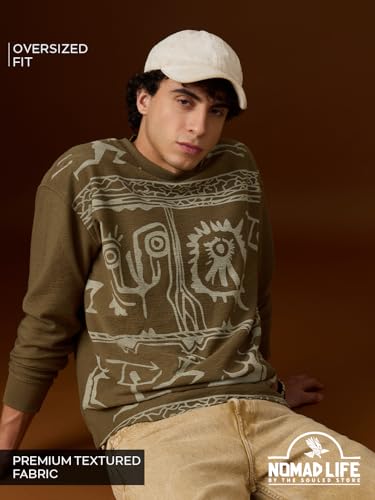 The Souled Store Nomad: Stone Carvings Men and Boys Long Sleeves Round Neck Green Printed Tribal Drop Shoulder Casual Streetwear Oversized Full Sleeve T-Shirt