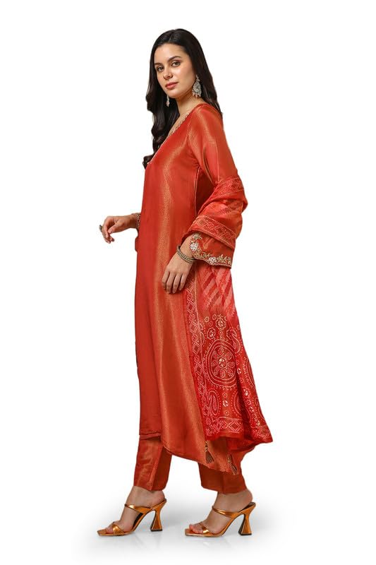 Soch Womens Rust Tissue Embroidered Suit Set With Beads And Stones