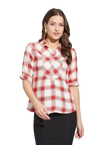 Latin Quarters Women Red Collar Neck Half Sleeves Checked Shirt Blouse for Casual Wear_XL