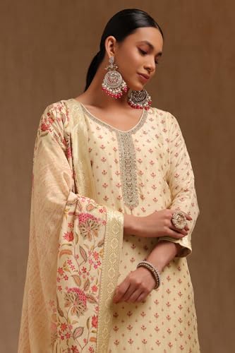 Soch Womens Cream Dola Silk Floral Print Suit Set With Cutdana