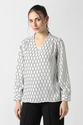 Women White Print Formal V Neck Top