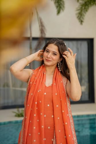 VARNI FABRICS: A lady's First Love Women's Orange Straight Ethnic Chinon Silk Kurta Set With Palazzo And Dupatta, Gold Zari Booti, Sleeveless (IN, Alpha, S, Regular)