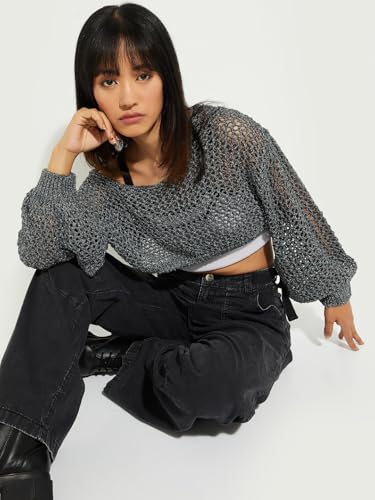 Max URB_N Women Open Knit Crop Sweater (Grey_XL)
