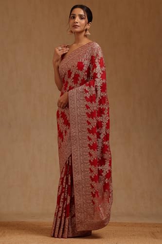 Soch Womens Fuchsia Georgette Embroidered Saree With Zari