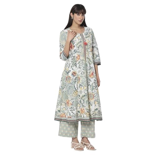 BIBA Women Sage Green Pure Cotton Floral Kalidar Suit Set_44