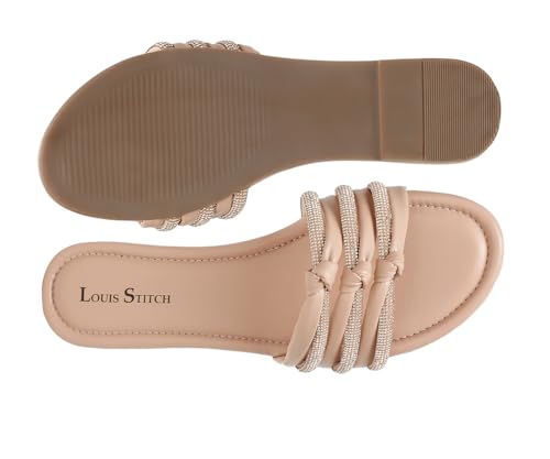 LOUIS STITCH Women's Fashion Flat Slip On Sandals | Open Toe Nude Stylish Flat Sandal for Ladies, Comfortable All day Wear Slipper | LSOF-LDSL-GLTSNU | UK-8