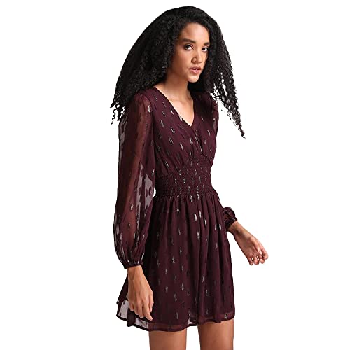 Kazo Abstract Polyester Blend V Neck Women's Mini Dress (Red,Medium)