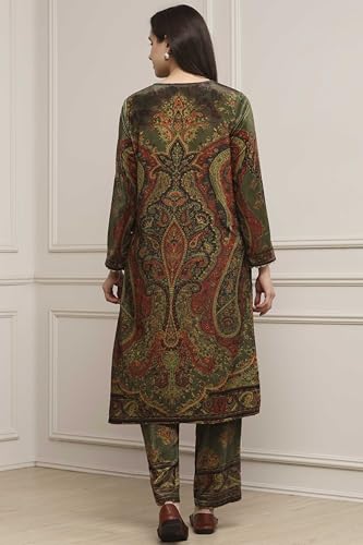 Biba Women Heena Green Polyester Straight Printed Kurta Pants Set_34