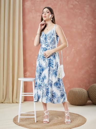 Latin Quarters Women's Blue Strap Sleeves Printed Sweatheart Casual Dress_L