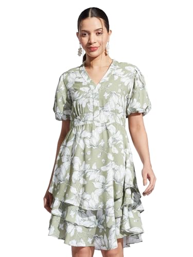 Latin Quarters Women Green V-Neck Half Sleeves Printed A-Line Dress for Casual Wear