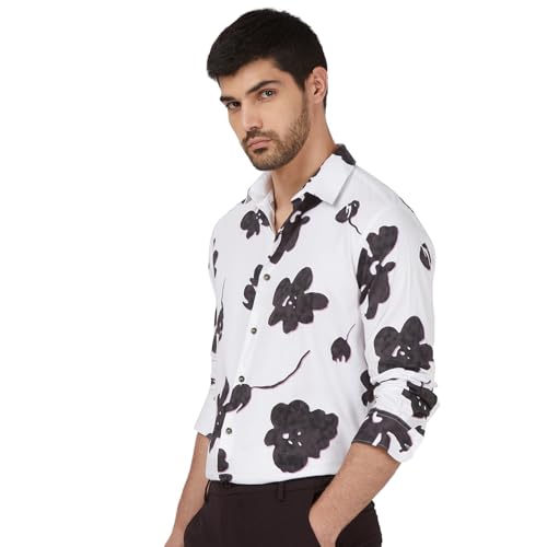 MUFTI Men Shirt | Slim Fit Full Sleeve Spread Collar Floral Print Design | 100% Cotton Sateen Fabric for Party & Smart Casual Wear| Bright Snow White 6XL