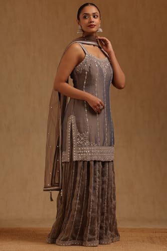 Soch Womens Grey Fendi Embroidered Suit Set With Mirror And Stone
