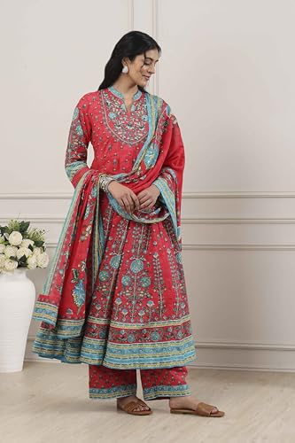 Biba Women Red Cotton Kalidar Suit Set_32