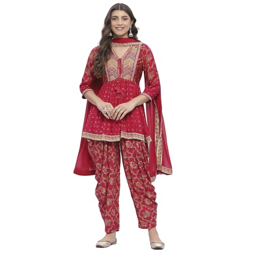 Biba Women Fuchsia Viscose Floral Printed Peplum Kurta Set_34