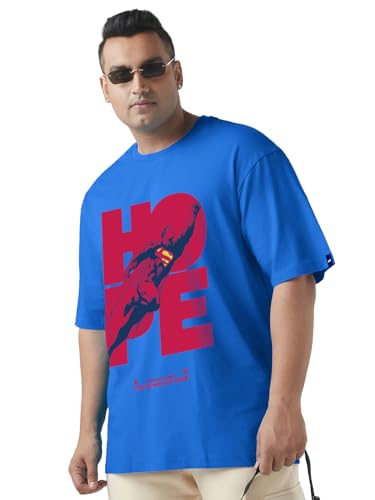 Bewakoof Official DC Merchandise Superman Men's Graphic Print Oversized Fit Half Sleeve Round Neck Cotton Plus Size T-Shirt_694219_Blue_5XL