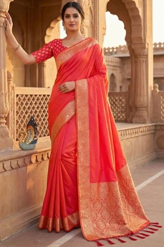 SGF11 Women's Kanjivaram Soft Silk Saree With Unstiched Blouse Piece (Orange)