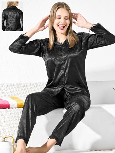 Kattly Nightsuit for Women | Luxury Coord Sets | Satin Loungewear | Women's Satin Nightsuit Set | Comfortable Pajama Set for Womens (Plus Size, Black-1, M)