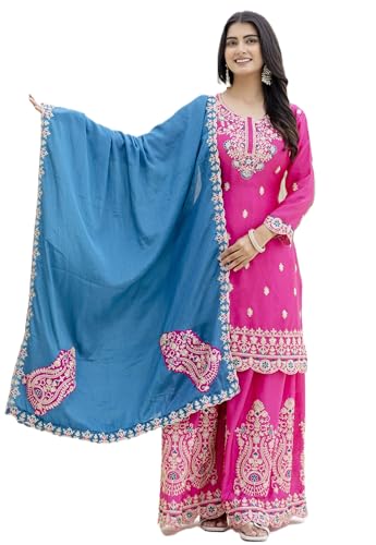 Leeli Peeri Designer Women's Chinon Silk Coding Sequence Embroidery Kurta Sharara Set With Dupatta
