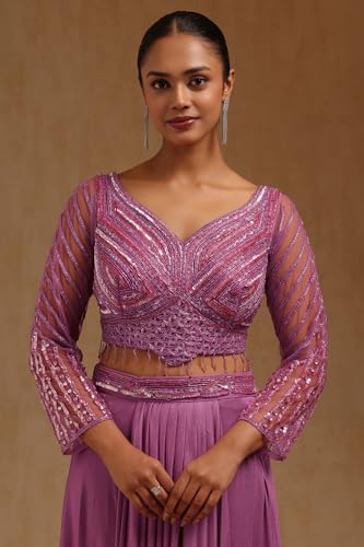 Soch Womens Onion Pink Spandex Solid Ready To Wear Saree