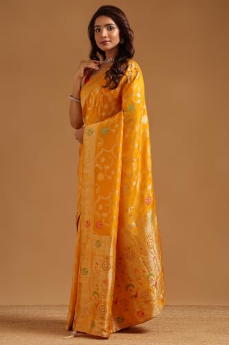 Soch Womens Yellow Crepe Botanical Zari Woven Saree