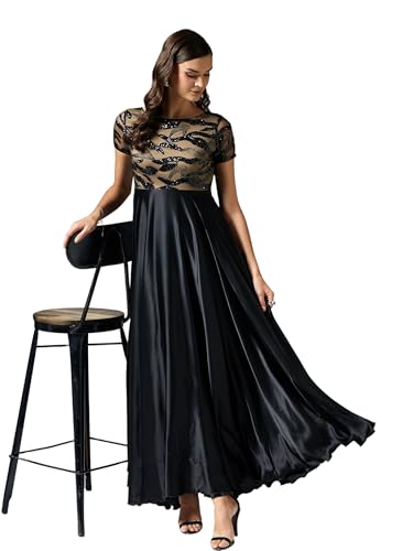 Miss Chase Women's Boat-Neck Short-Sleeve Abstract Fit & Flare Satin Maxi Dress (MCAW25D86-23-62-04, Black, M)